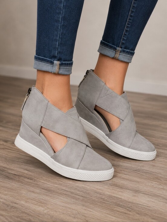 None Shoes - Hidden Wedge Gray Faux Leather Zipper Back Sneakers, Women's Size 10